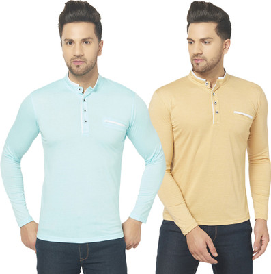 Adorbs Solid Men Henley Neck Blue, Beige T-Shirt
