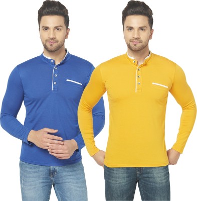 Bribzy Solid Men Mandarin Collar Dark Blue, Yellow T-Shirt