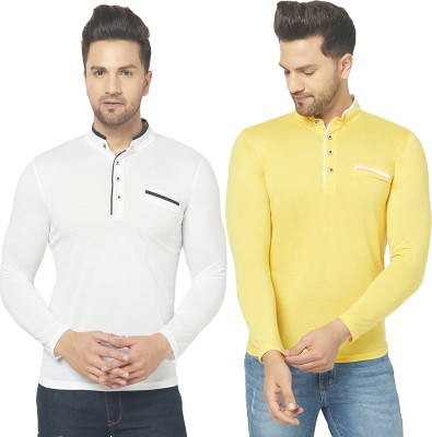 Bribzy Solid Men Mandarin Collar White, Yellow T-Shirt