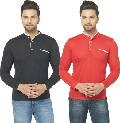 Jangoboy Solid Men Mandarin Collar Red, Black T-Shirt