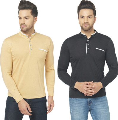 Jangoboy Solid Men Henley Neck Black, Beige T-Shirt