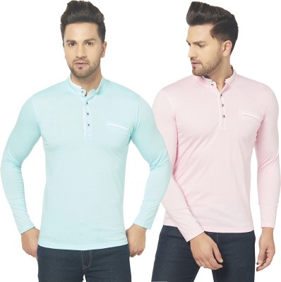 Bribzy Solid Men Mandarin Collar Light Blue, Pink T-Shirt