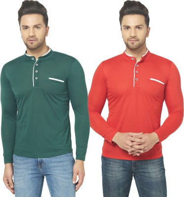 Tivy Solid Men Henley Neck Dark Green, Red T-Shirt