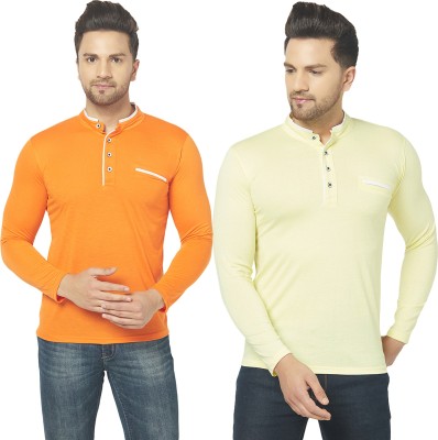 Bribzy Solid Men Mandarin Collar Orange, Yellow T-Shirt