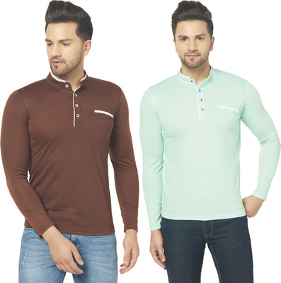Jaskart Solid Men Mandarin Collar Green, Brown T-Shirt