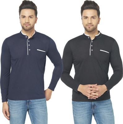 Bribzy Solid Men Mandarin Collar Dark Blue, Black T-Shirt