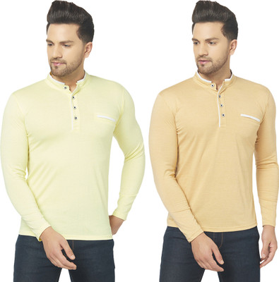 Jangoboy Solid Men Henley Neck Beige, Yellow T-Shirt