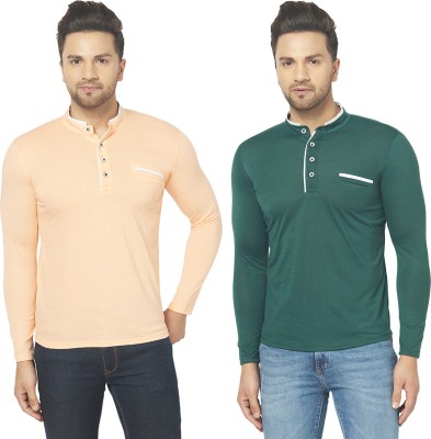 Tivy Solid Men Henley Neck Dark Green, Beige T-Shirt