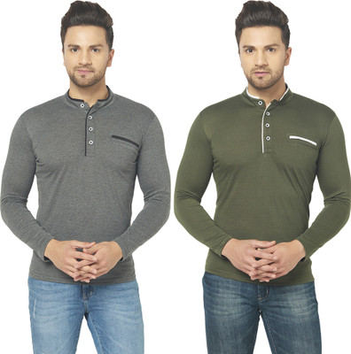 Jaskart Solid Men Henley Neck Dark Green, Grey T-Shirt