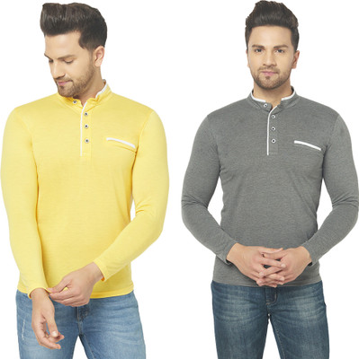 Jangoboy Solid Men Mandarin Collar Grey, Yellow T-Shirt