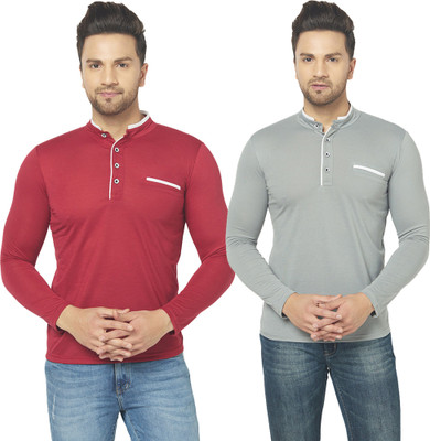 Unite Wear Solid Men Mandarin Collar Maroon, Grey T-Shirt