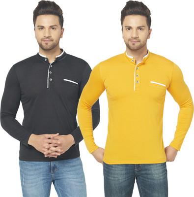 Jangoboy Solid Men Henley Neck Black, Yellow T-Shirt