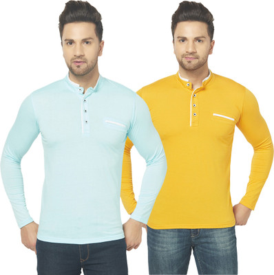 Adorbs Solid Men Henley Neck Blue, Yellow T-Shirt