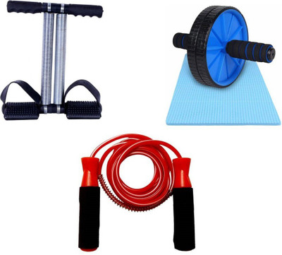 HACKERX Set of Double Spring Tummy Trimmer , Skipping Rope And Ab Roller Ab Exerciser(Multicolor)