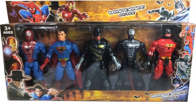 FLYmart Avengers Super Heros 5 in 1 set with LED light on chest (in all 5 Characters) & all Joints Movable (All Characters) | Spiderman | Superman | Zorro | Batman | black spider man| Sword that can be place on any character | Large Size Characters with 17 cms height(Multicolor)