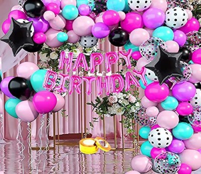 SV Traders Solid Happy Birthday Decoration Rainbow/Pink/Unicorn/Mermaid/Barbie Theme Combo Kit Of 106 Pcs-Pink Foil HBD(13)+Black Foil Star 18 Inches(2)+Pink Confetti Balloons(5)+Pastel Balloons Pink(40)+Mint(15)+Purple(20)+Black(10)+Balloon Curling Ribbon (1) Letter Balloon(Multicolor, Pack of 106)