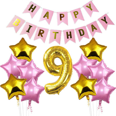 FANEX Solid 9th Happy Birthday Balloons Decoration Kit Items Combo-12Pcs for Kids Boys, Girls, 10 Star Foil Balloons, 1 Banner ,1 number foil balloon Balloon(Pink, Gold, Pack of 12) FANEX Solid 9th Happy Birthday Balloons Decoration Kit Items Combo-12Pcs for Kids Boys, Girls, 10 Star Foil Balloons, 1 Banner ,1 number foil balloon Balloon(Pink, Gold, Pack of 12)