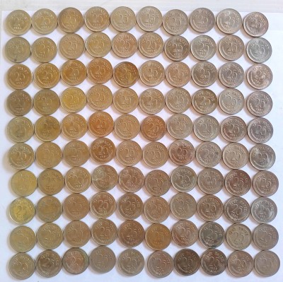 MANMAI COINS 100 COINS LOT - UNC NEW CONDITION - 25 Paise 1972-1988 Copper-nickel 2.5 g 19 mm - INDIA Medieval Coin Collection(100 Coins)