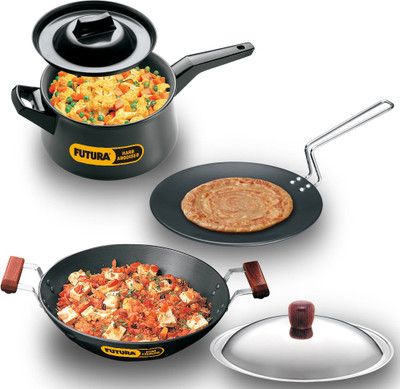 Hawkins Futura Tava, Kadhai, Handi Saucepan Combo (ASET3) Cookware Set(Hard Anodised, 3 - Piece)
