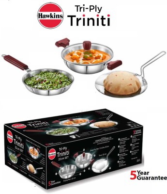 HAWKINS Tri-Ply Stainless Steel Triniti Cookware Set 2 (Frying Pan 22CM , Tava 22CM, Deep-Fry Pan 1.5LT with Glass Lid) (SSET2) Induction Bottom Cookware Set(Stainless Steel, 3 - Piece)