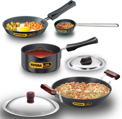 Hawkins Futura 4 Pc Cookware Set 7-Kadhai, Saucepan, Tadka and Frying Pan Combo (ASET7) Cookware Set(Hard Anodised, 4 - Piece)