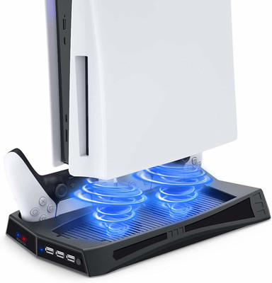 microware Vertical Stand with Cooling Fan for PS5 Console and Playstation 5 Digital Edition, Dual Controller Charging Station with 3 USB Hub for DualSense 5 Cooling Pad(Black)