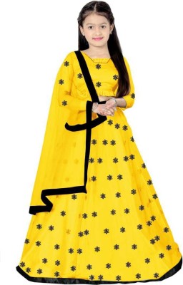 Women Wed Girls Lehenga Choli Party Wear Floral Print Lehenga, Choli and Dupatta Set(Yellow, Pack of 1)