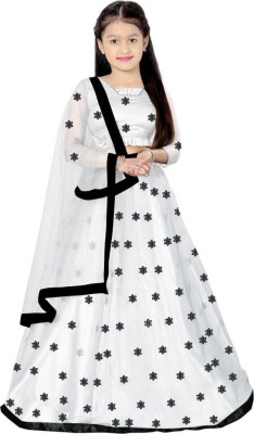 Women Wed Girls Lehenga Choli Party Wear Floral Print Lehenga, Choli and Dupatta Set(White, Pack of 1)