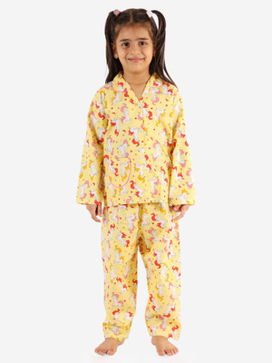 GRABMOUNT Kids Nightwear Girls Printed Cotton Blend(Yellow Pack of 1)
