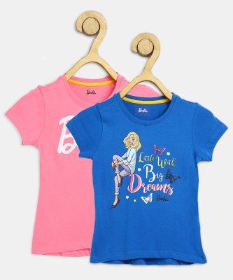 BARBIE Girls Graphic Print Pure Cotton Regular T Shirt(Multicolor, Pack of 2)