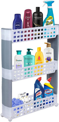 Cutting EDGE 3 Layer | White & Grey | SLIM Classic- Smart Storage Organizer – Multipurpose & Easy-To-Move Slide Out Shelf Basket Rack Trolley EcoPlastic With Wheels for Kitchen | Bedroom | Bathroom | Home | Pantry | Washing & Utility Area Plastic Kitchen Trolley(DIY(Do-It-Yourself))