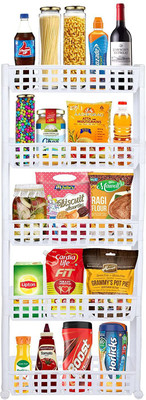 Cutting EDGE 5 Layer | White | SLIM Classic- Smart Storage Multi Layered Shelf Basket Rack Organizer – Multipurpose & Easy-To-Move Slide Out Shelf Rack Trolley EcoPlastic With Wheels for Kitchen | Bedroom | Bathroom | Home | Pantry | Washing & Utility Area Plastic Kitchen Trolley(DIY(Do-It-Yourself)