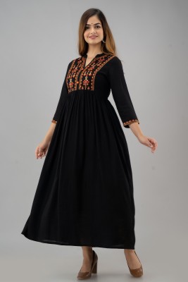 Nishabd Women Embroidered A-line Kurta(Black)