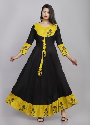 Sanwariya Export Women Printed Anarkali Kurta(Yellow, Black, Dark Blue)