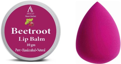 Awiclo combo pack of natural wash Beetroot lip Balm,make lips soft & supple ,men & women (pack of 1, 10g) & one High quality Beauty blender puff sponge(2 Items in the set)