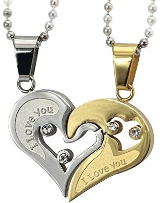 Heer Collection Valentine Lover Couple Love Heart 2 Piece Joining Couple Pandent Necklace Chain Cubic Zirconia Copper Pendant Set