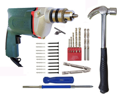 Inditrust 10mm 350W Electric drill machine With Claw Hammer 5pc Masonry 2pc HSS 2pc PH2 Bit 1pc Screwdriver and 10+10 Screw and Gitti Pack of 8 Product Power & Hand Tool Kit(32 Tools)