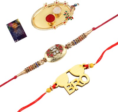 Paola Jewels Designer PL-1064-3010-3030 Mauli Thread Rakhi, Chawal Roli Pack, Greeting Card  Set(2 Rakhi, 1 roli chawal, 1 greeting card)