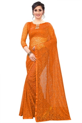 Croza Self Design Bollywood Net Saree(Orange)
