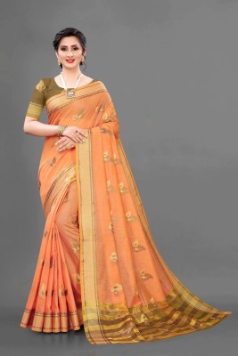 Harekrishna creation Self Design Banarasi Cotton Silk Saree(Orange)