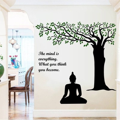 Asmi Collections 90 cm Meditating God Buddha Under a Tree Motivational Quotes Wall Sticker Self Adhesive Sticker(Pack of 1)