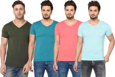 Tivy Solid Men V Neck Dark Green, Light Blue, Pink T-Shirt