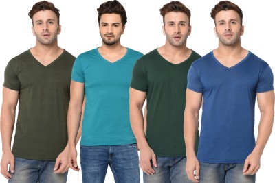 Tivy Solid Men V Neck Light Blue, Dark Green, Blue T-Shirt