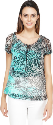 TSM Casual Short Sleeve Printed Women Green Top