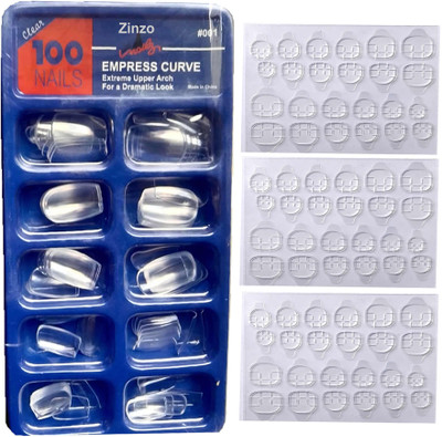 Zinzo Imported Professional Quality Transparent Artificial Clear Dynamic shinning professional Finger Empress Curve 100 Tips Fake Nails with 3 Sheet Double Sided Nails Glue Sticker Clear white Transparent(Pack of 100)