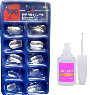 Zinzo Imported Best Quality Acrylics Professional Shinning Transparent 100 Tips Artificial / Fake Nails with Glue Transparent Nails Transparent (Pack of 100) Transparent(Pack of 100)