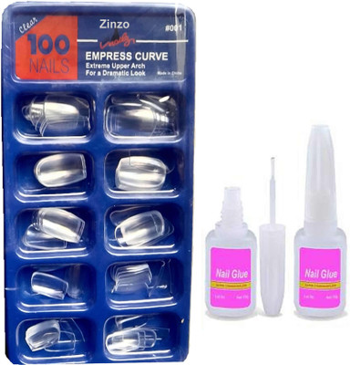 Zinzo Imported Professional Quality Transparent Artificial Clear Dynamic shinning professional Finger Empress Curve 100 Tips Fake Nails with 10 ml strong brush glue sticker Transparent(Pack of 100)