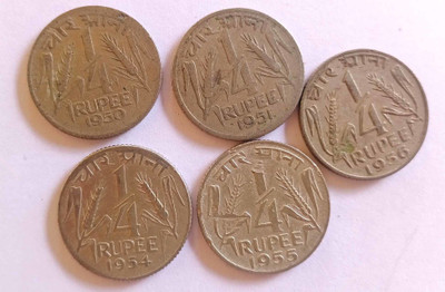 MANMAI COINS 5 COINS YEAR SET - ¼ Rupee 1950 1951 1954 1955 1956 Nickel 2.73 g 19 mm Medieval Coin Collection(5 Coins)