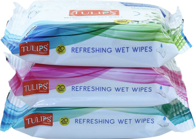 Tulips Refreshing Wet Wipes with 3 Different Fragrance - Pack of 20 Wipes Each (Japanese Cherry, Magnolia & Summer Fresh)(60 Tissues)