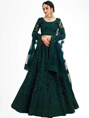 QEXTY Embroidered Semi Stitched Lehenga Choli(Green)